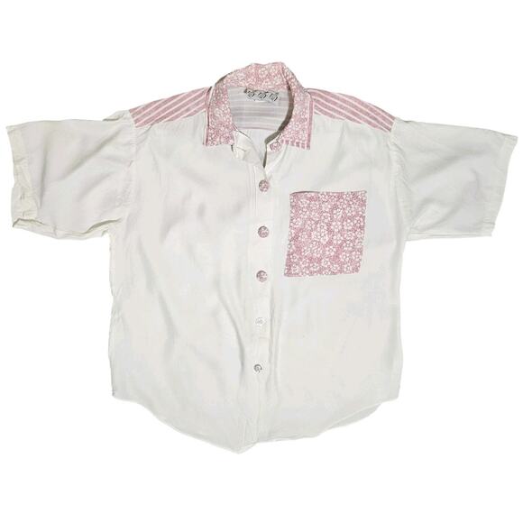 Vtg Try 1 Button-Up Top USA Pink White Floral Striped Colorblock Womens M 80s - Picture 6 of 8